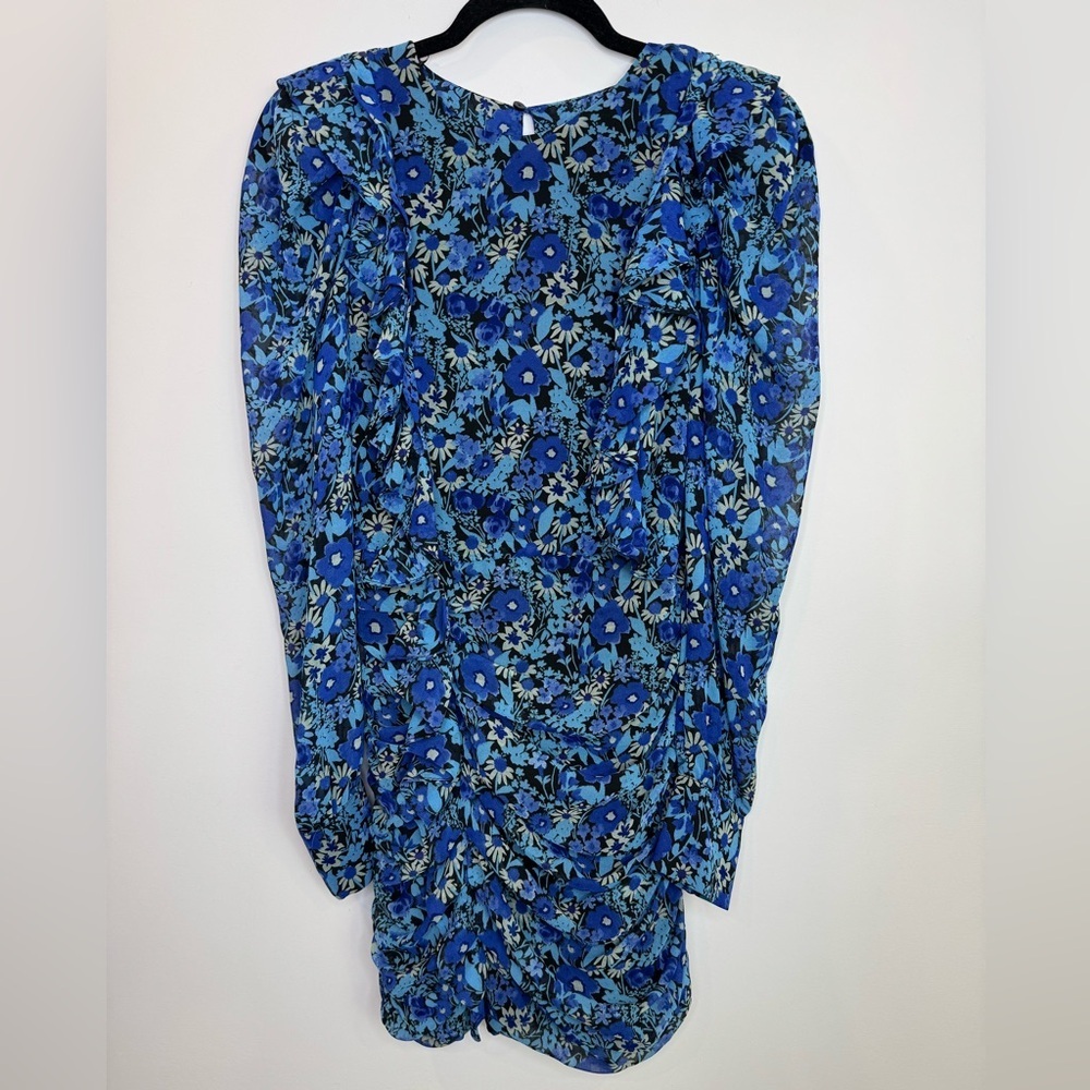 NWT Zara Floral ruched Blue Long Sleeve puff shoulder Dress size small